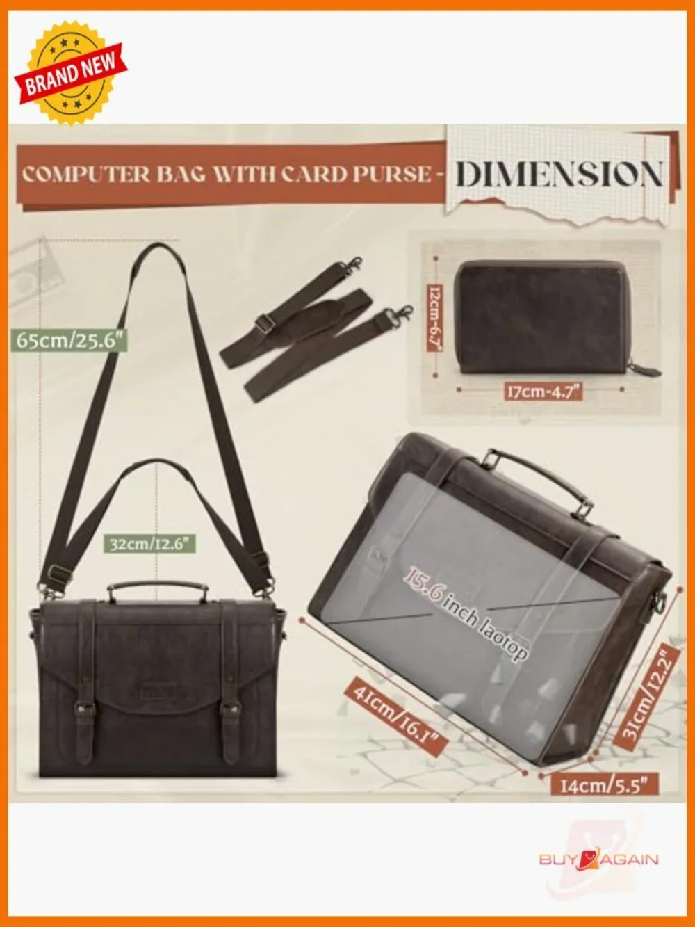 Vintage PU Leather Laptop Messenger Bag 15.6 Briefcase with Wallet